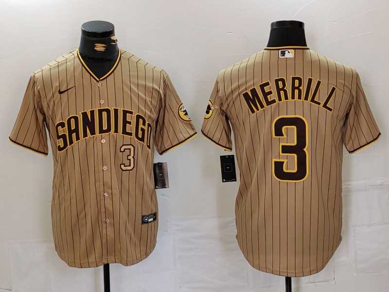 Men%27s San Diego Padres #3 Jackson Merrill Tan NEW 2023 Cool Base Stitched Jerseys->san diego padres->MLB Jersey